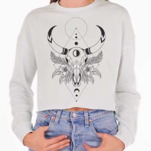 Cow Skull - Multicolor on White Women's Cropped Sweatshirt