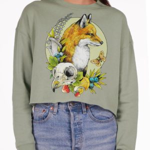 Fox and Skull - Multicolor on Sage Women's Cropped Sweatshirt