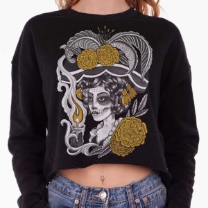 La Katrina - Multicolor on Black Women's Balloon Sleeve Sweatshirt - Multicolor on Black Women's Cropped Sweatshirt