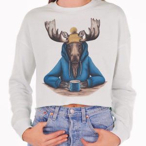 Moose and Mug - Multicolor on White Women's Cropped Sweatshirt