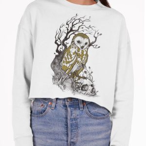 Owl and Skull - Multicolor on White Women's Cropped Sweatshirt