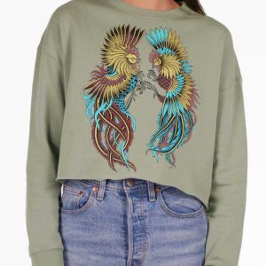 Rooster Fight - Multicolor on Sage Women's Cropped Sweatshirt