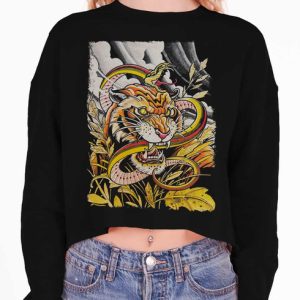Tiger vs Snake - Multicolor on Black Women's Balloon Sleeve Sweatshirt - Multicolor on Black Women's Cropped Sweatshirt